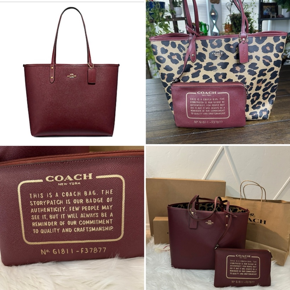Authentic COACH tote REVERSIBLE in burgundy/animal print with matching wristlet